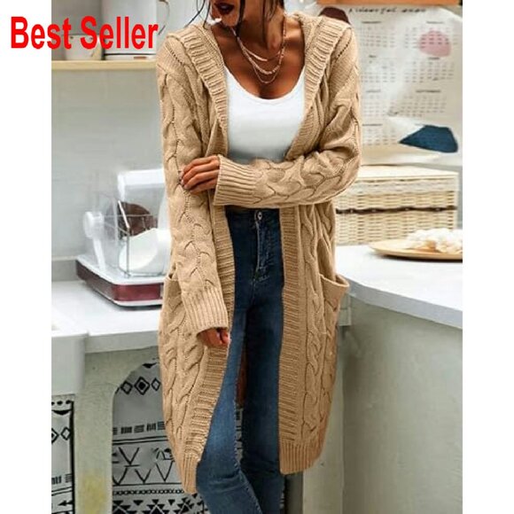 Cable Knit Long Sleeve Sweater Cardigan Open Front Hooded Cozy Chic - Picture 4 of 5